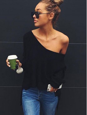 High Low Slit V-Neck Pullover Sweater