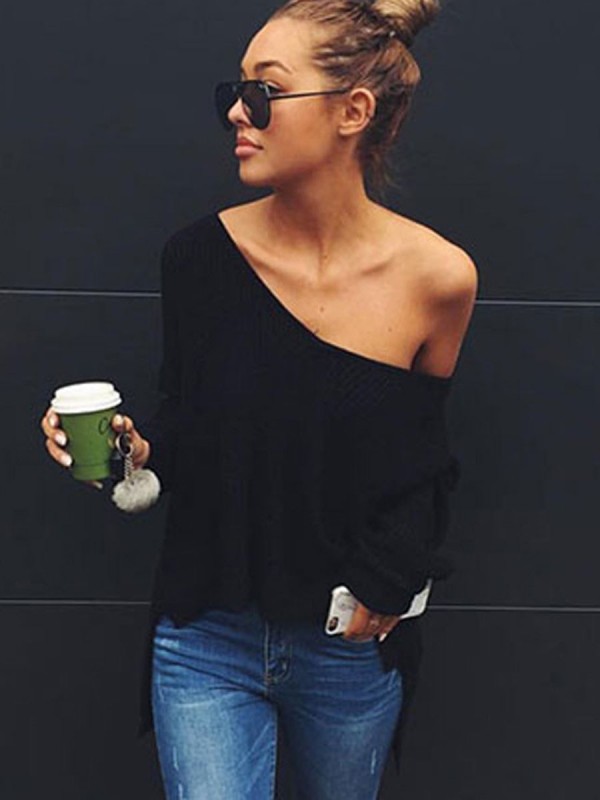 High Low Slit V-Neck Pullover Sweater