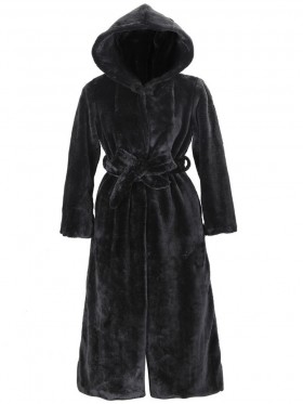 Flocking Hooded Plain Long Straight Overcoat