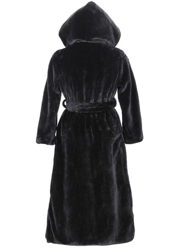 Flocking Hooded Plain Long Straight Overcoat