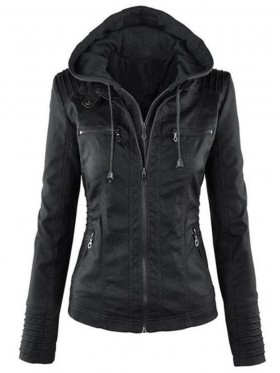 Plus Size Hooded Zipper Plain Single Jacket