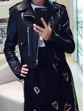 Zipper Lapel Long Sleeve PU Jacket