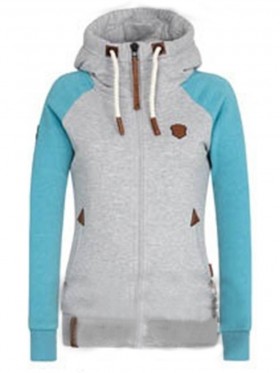 Drawstring Color Block Zipper Hoodie