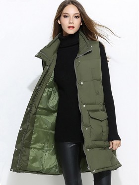 Loose Plain Hidden Button Sleeveless Overcoat