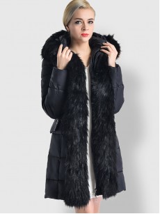 Faux Fur Detail Plain Zipper Hooded Overcoat