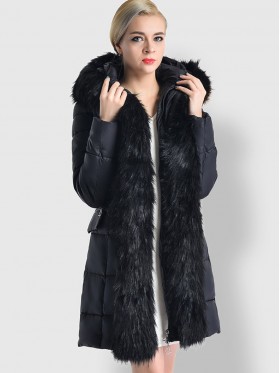 Faux Fur Detail Plain Zipper Hooded Overcoat