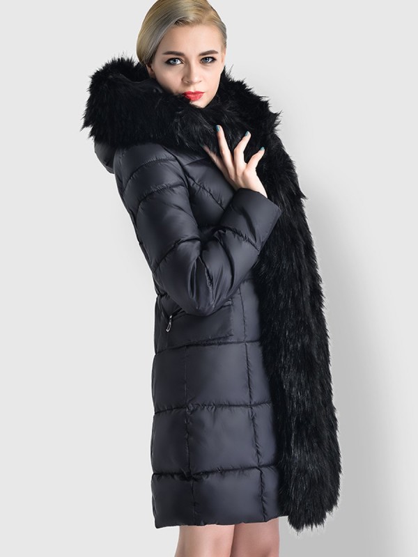 Faux Fur Detail Plain Zipper Hooded Overcoat