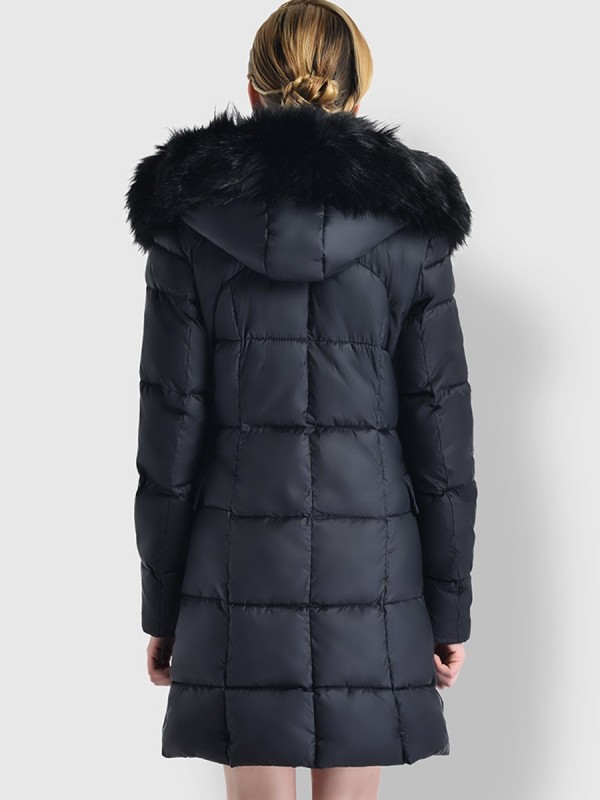 Faux Fur Detail Plain Zipper Hooded Overcoat