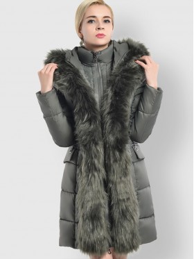 Faux Fur Detail Plain Zipper Hooded Overcoat