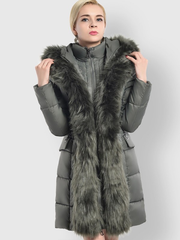 Faux Fur Detail Plain Zipper Hooded Overcoat