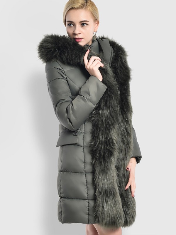 Faux Fur Detail Plain Zipper Hooded Overcoat