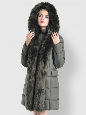 Faux Fur Detail Plain Zipper Hooded Overcoat