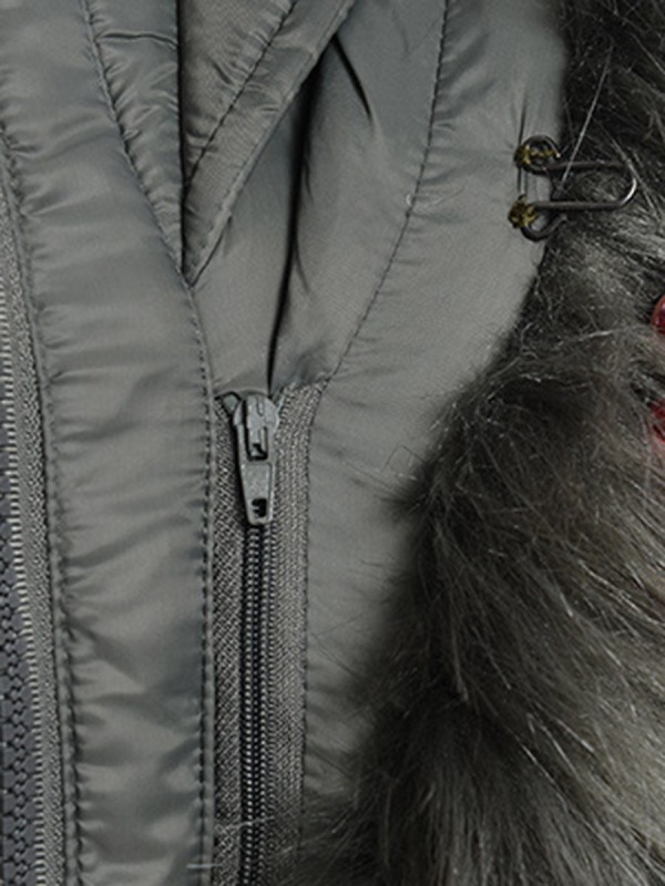 Faux Fur Detail Plain Zipper Hooded Overcoat