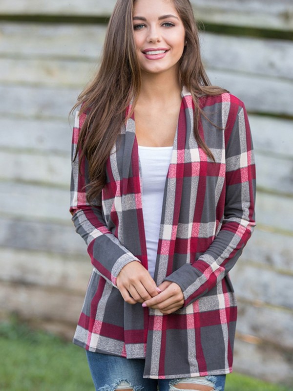 Plaid Patchwork Wrapped Long Sleeve Cardigan