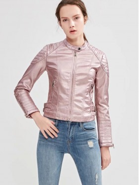 PU Zipper Pocket Plain Jacket