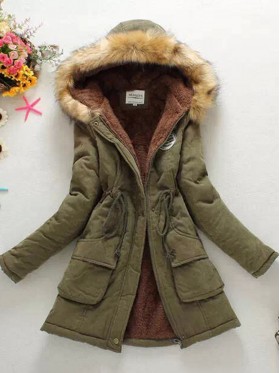 Patchwork Hooded Flocking Lace-Up Zipper Overcoat