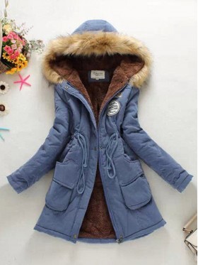 Patchwork Hooded Flocking Lace-Up Zipper Overcoat