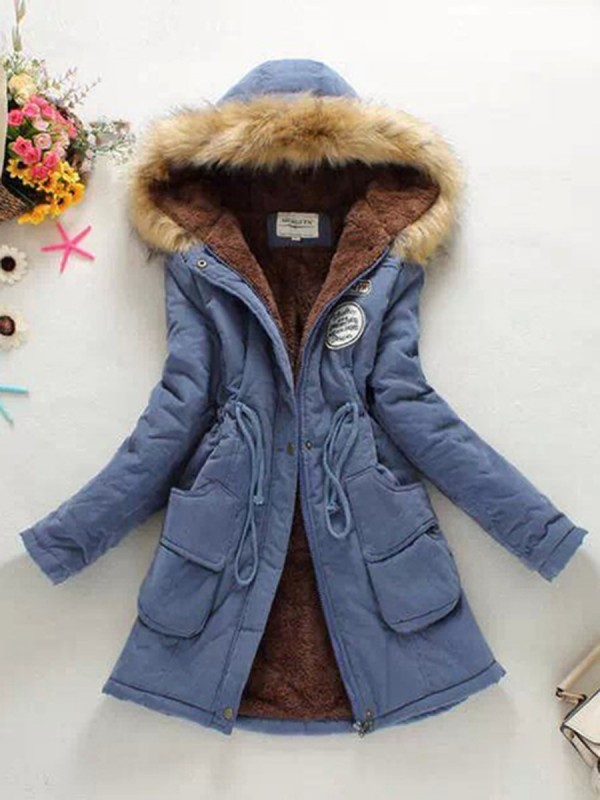 Patchwork Hooded Flocking Lace-Up Zipper Overcoat