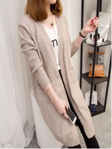 Mid-Length Pocket Solid Loose Cardigan