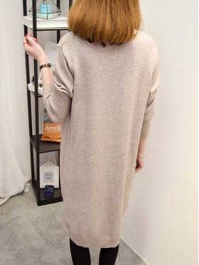 Mid-Length Pocket Solid Loose Cardigan