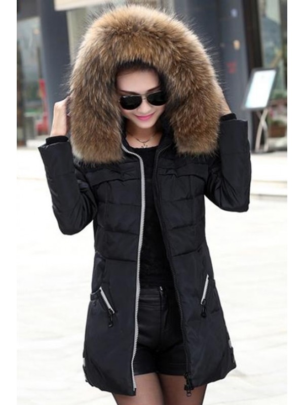 Hooded Zipper Solid Color Pocket Overcoat