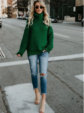 Loose Plain Turtleneck Pullover Sweater