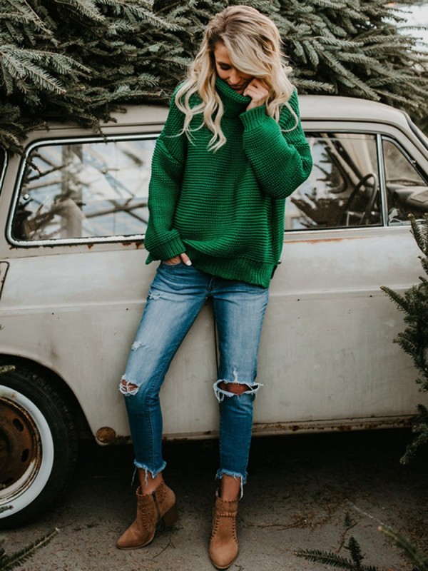 Loose Plain Turtleneck Pullover Sweater