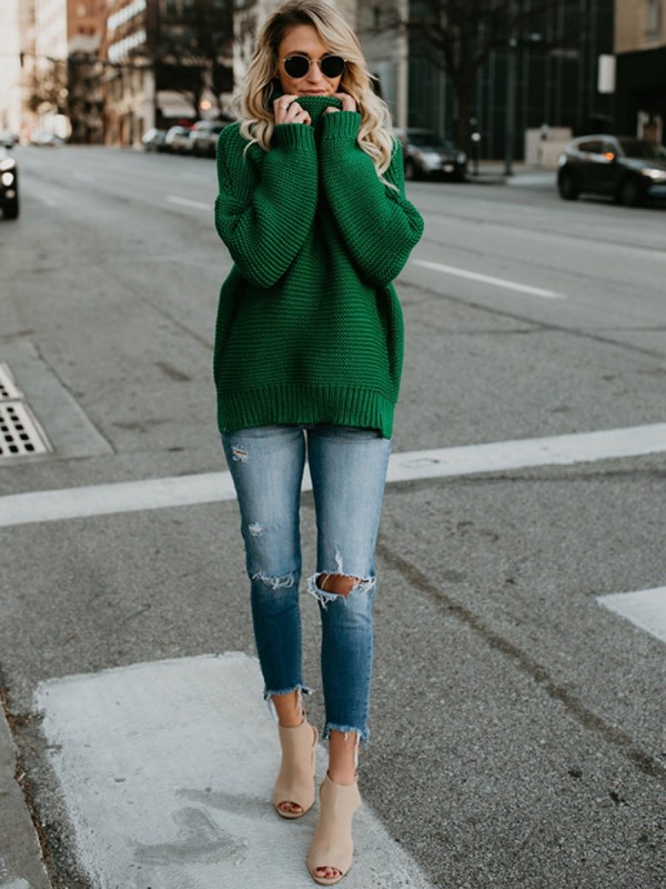 Loose Plain Turtleneck Pullover Sweater