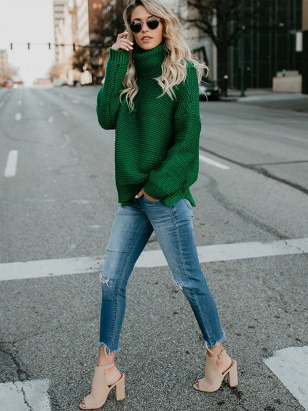 Loose Plain Turtleneck Pullover Sweater