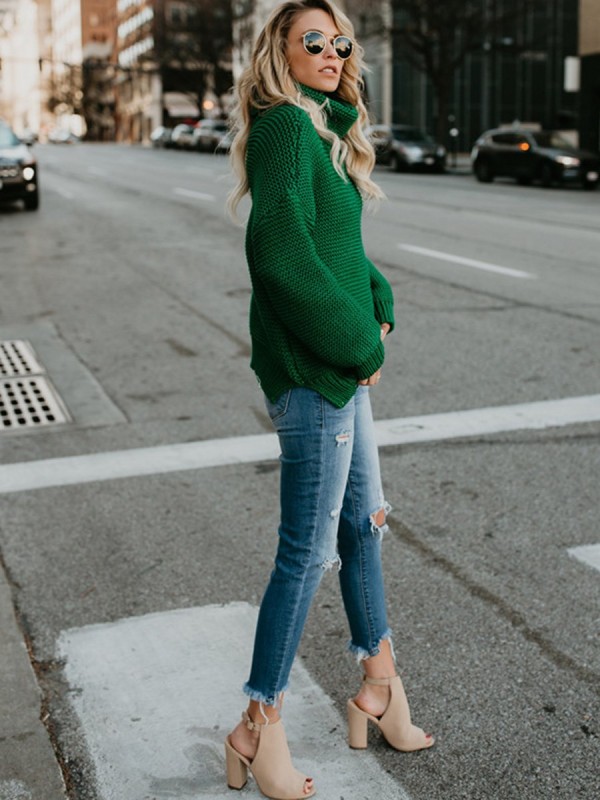 Loose Plain Turtleneck Pullover Sweater