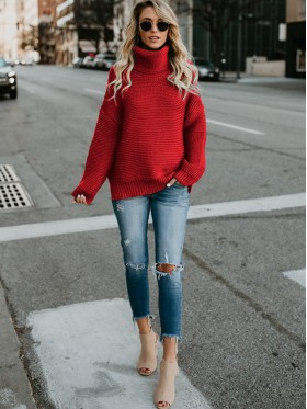 Loose Plain Turtleneck Pullover Sweater