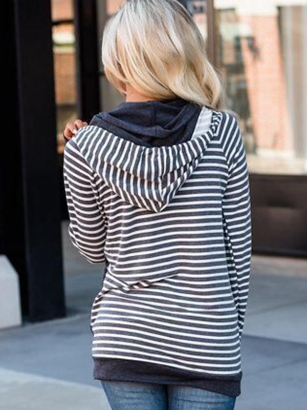 Stripe Pocket Color Block Loose Women's Hoodie