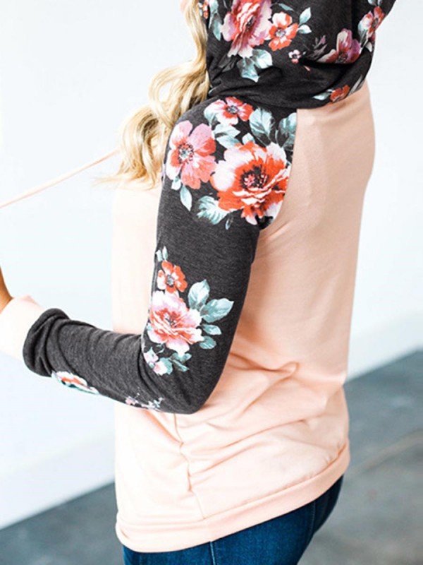 Print Sleeve Loose Color Block Patchwork Women's Hoodie