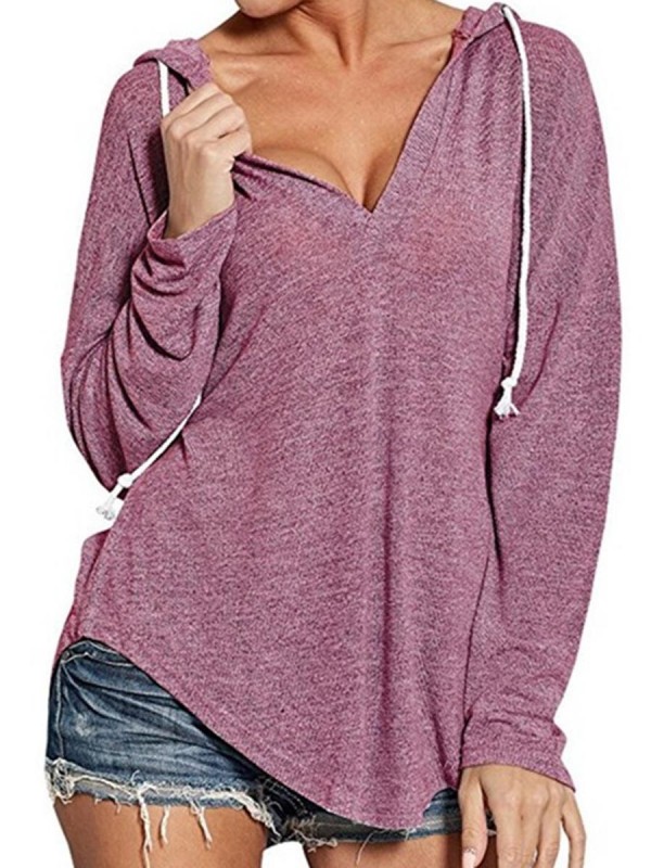 Drop Shoulder V-Neck Plain Loose Women's Hoodie