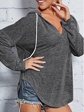 Drop Shoulder V-Neck Plain Loose Women's Hoodie