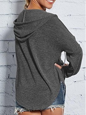 Drop Shoulder V-Neck Plain Loose Women's Hoodie