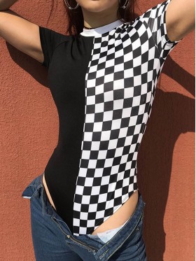 Plaid Color Block Patchwork Women's Bodysuit