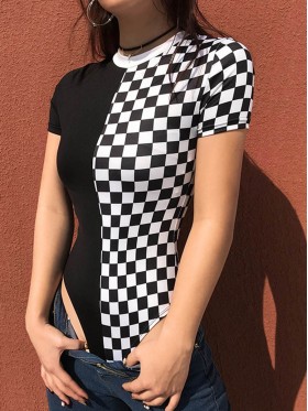 Plaid Color Block Patchwork Women's Bodysuit