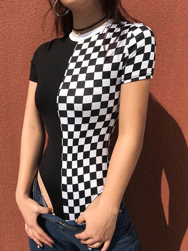 Plaid Color Block Patchwork Women's Bodysuit