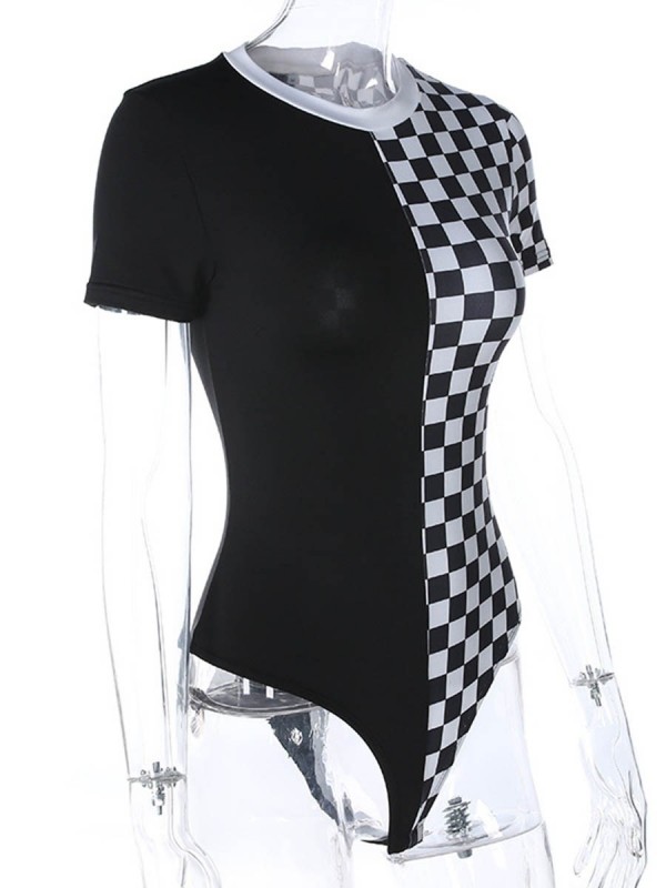 Plaid Color Block Patchwork Women's Bodysuit