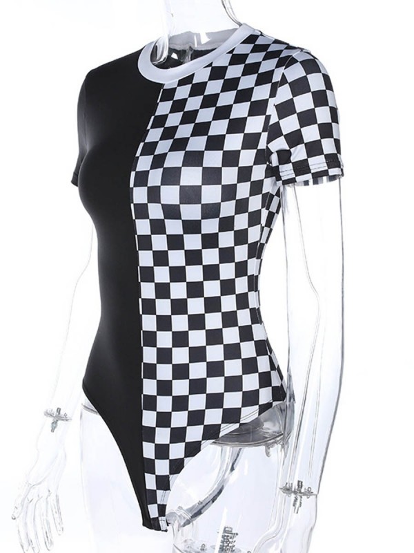 Plaid Color Block Patchwork Women's Bodysuit