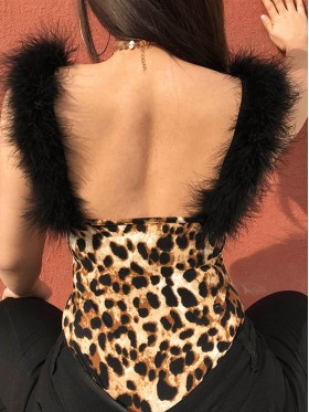 Leopard Faux Fur Decorated Women's Bodysuit