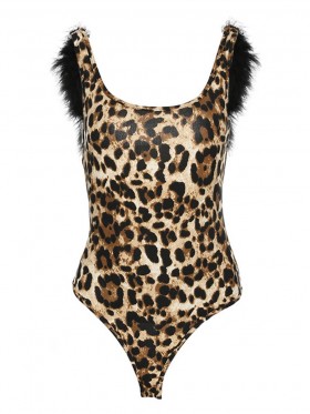 Leopard Faux Fur Decorated Women's Bodysuit