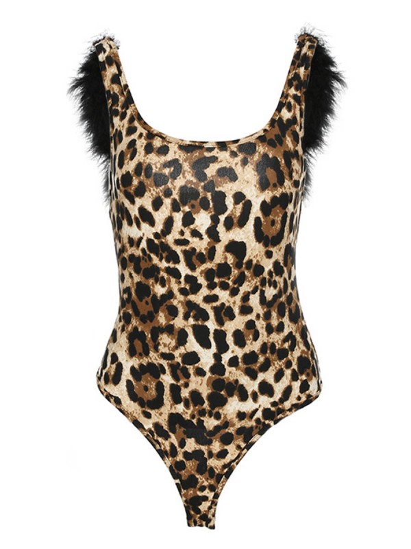 Leopard Faux Fur Decorated Women's Bodysuit