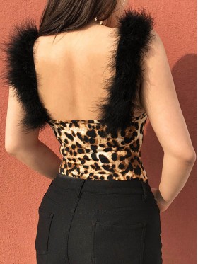 Leopard Faux Fur Decorated Women's Bodysuit