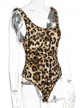 Leopard Faux Fur Decorated Women's Bodysuit