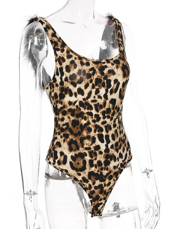 Leopard Faux Fur Decorated Women's Bodysuit