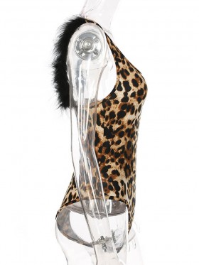 Leopard Faux Fur Decorated Women's Bodysuit