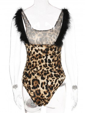 Leopard Faux Fur Decorated Women's Bodysuit