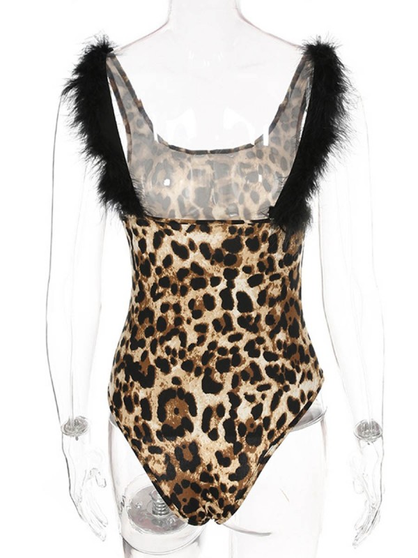 Leopard Faux Fur Decorated Women's Bodysuit